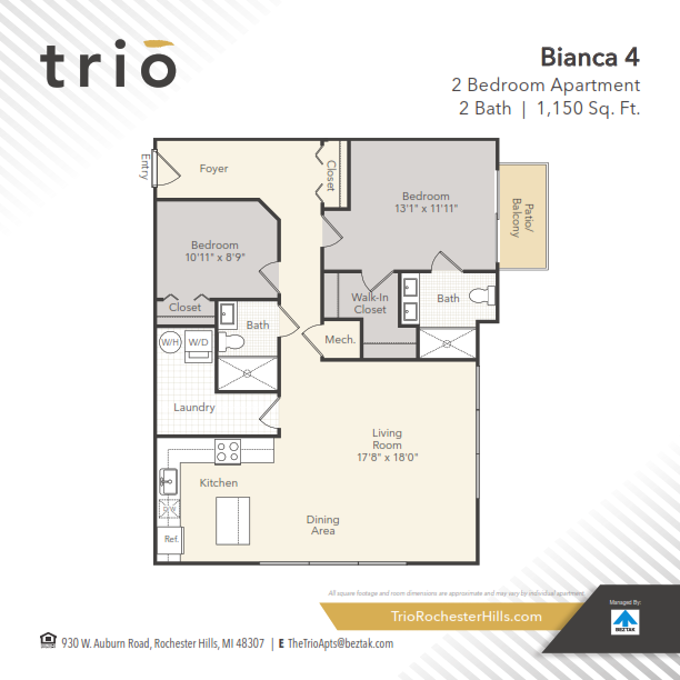 Floor plan for 2 beds, 2 baths, 1150 sqft